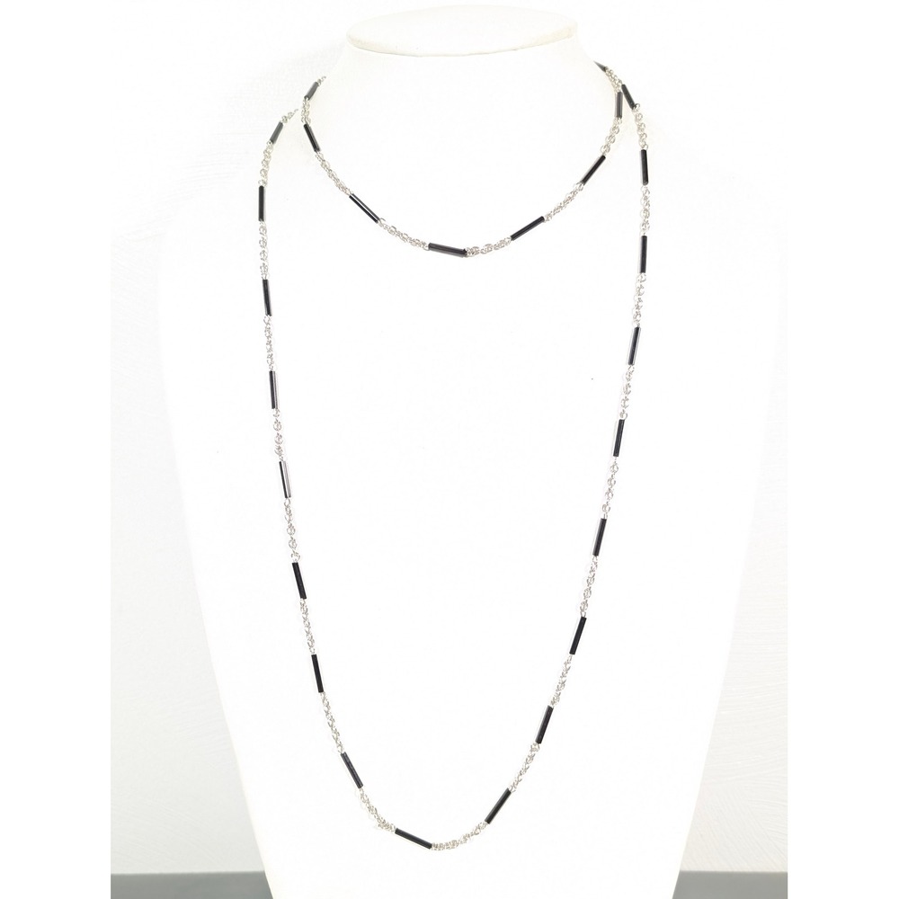 Vintage Park Lane‎ Black Glass Station Necklace Silver Tone Long 48"